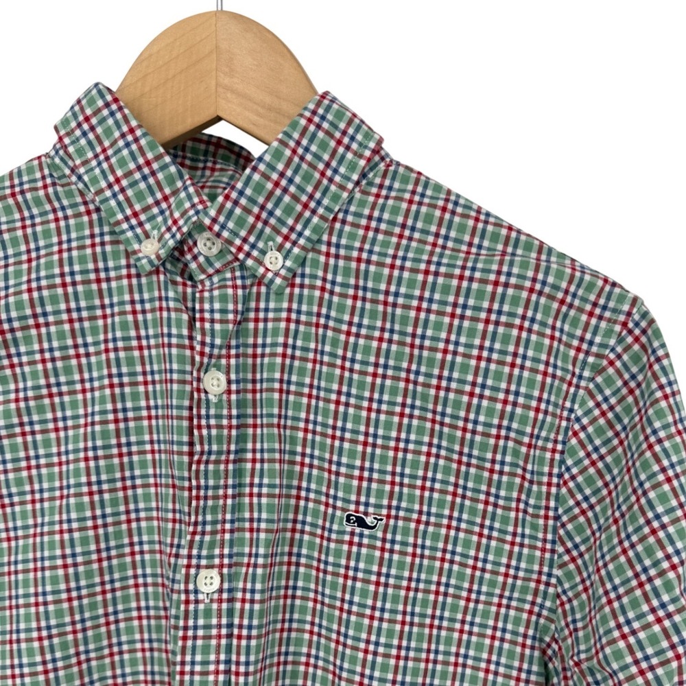 Vineyard Vines Boys XL 18 Green Red Blue Plaid Tattersall Button Down Shirt